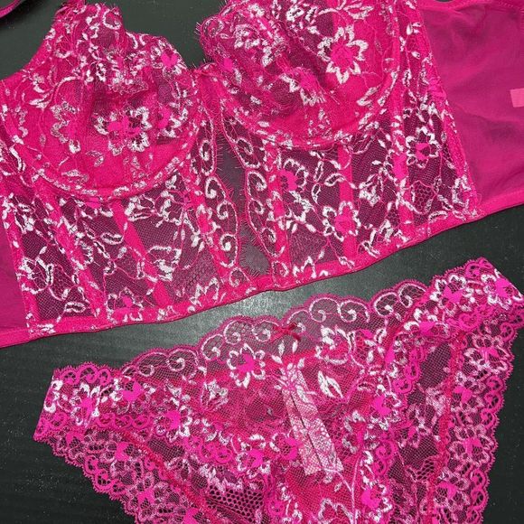 Victoria's Secret longline 34C,34D,36B BRA SET M FUCHSIA HOT PINK SILVER lace - Picture 2 of 3